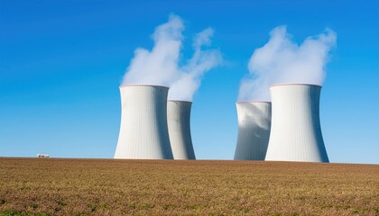 Nuclear power plant cooling towers emitting steam under blue sky