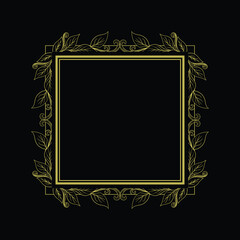 Golden Square Frame Border with Leaf Leaves Foliage Flower Floral Badge Label design