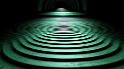 Emerald Steps to the Unknown: A mesmerizing digital art piece depicting a pathway of emerald green steps receding into a dark, arched tunnel, creating an illusion of depth and mystery. The soft.