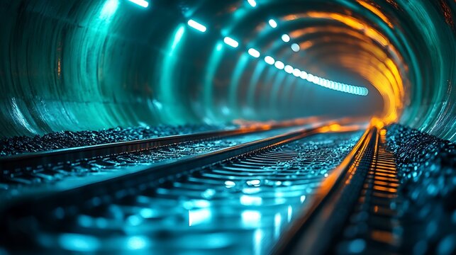 Into the Unknown: A mesmerizing perspective of a train tunnel bathed in vibrant blue and orange lighting. The rails, seemingly leading into an abyss, create a sense of anticipation and mystery.