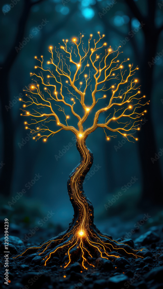 Aufkleber ai-generated tree with illuminated branches in a misty forest setting.
