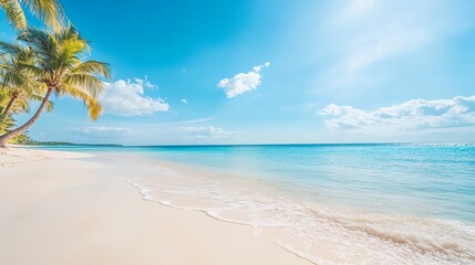 a beach with a palm tree and a blue sky