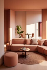 living room interior in monochrome terracotta color