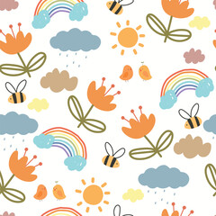 Seamless pattern with bees, rainbows, flowers and clouds. kids illustration with animal, plants , and sky.