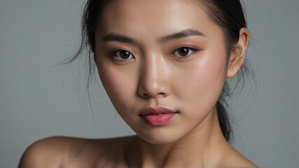 Naklejka premium Close-up portrait of a young woman showcasing natural beauty and confident expression in a studio setting