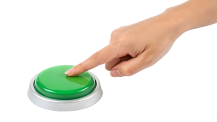 a hand pressing a green button isolated on background