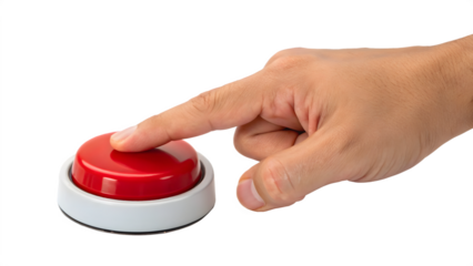 a hand pressing a red button isolated on background