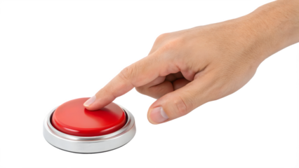 a hand pressing a red button isolated on background