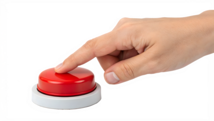a hand pressing a red button isolated on background