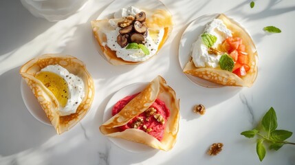 Mini crepes with mushroom pate, beet hummus, and yogurt creations showcased