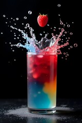 A vibrant cocktail with a splash of color and a juicy raspberry, creating a tempting and refreshing scene.