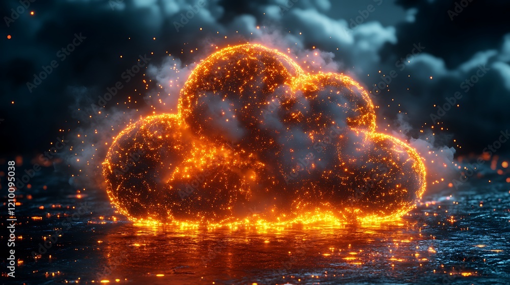Poster cloud computing power: a fiery cloud symbol with a burning core on a dark abstract background evokes