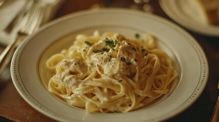 A plate of chicken alfredo pasta garnished with parsley, shot with soft and warm tones