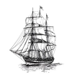 Black and white ink drawing of a three-masted sailing ship.
