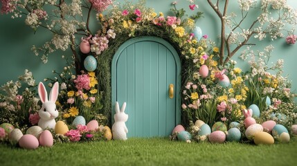 Easter Wonderland: A whimsical Easter backdrop featuring two adorable bunnies, colorful eggs, and a charming blue door adorned with spring blossoms.