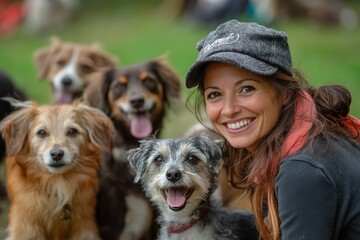 Happy pet sitter and small group of dogs in park. Generative AI