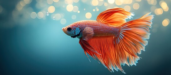 Orange betta fish swimming in aquarium, bokeh background, aquatic pet