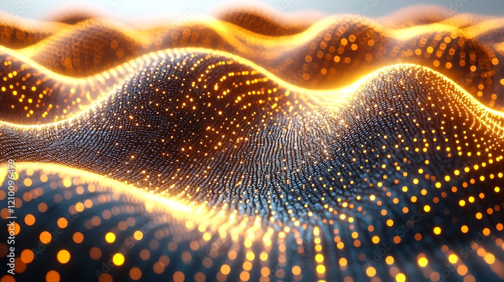 Poster golden abstract waves: a mesmerizing abstract pattern of glowing golden dots forming mesmerizing wav