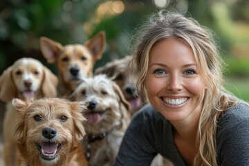 Happy pet sitter and small group of dogs in park. Generative AI
