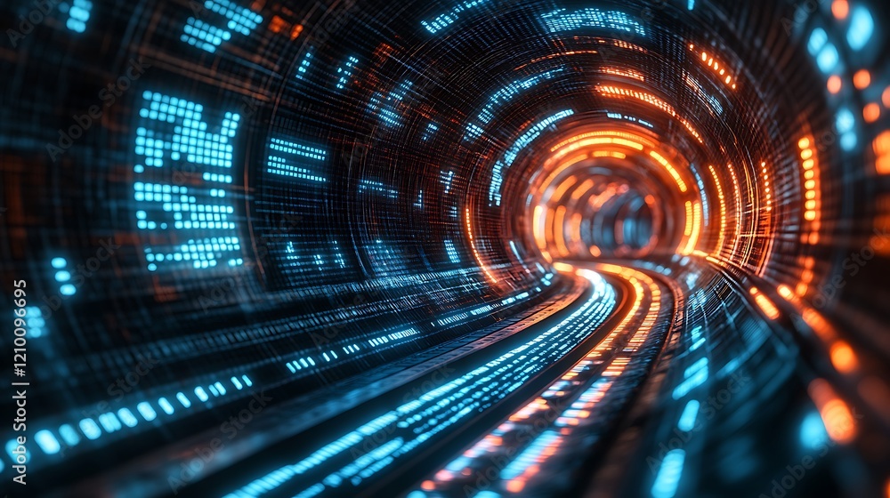 Poster digital tunnel of light: a futuristic, abstract tunnel of glowing orange and blue light, symbolizing