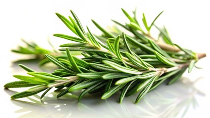 Fototapeta premium Fresh rosemary leaves isolated on a white background with soft focus and warm lighting effects