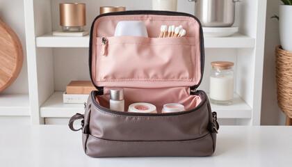 Open cosmetic bag with toiletries and beauty products on countertop