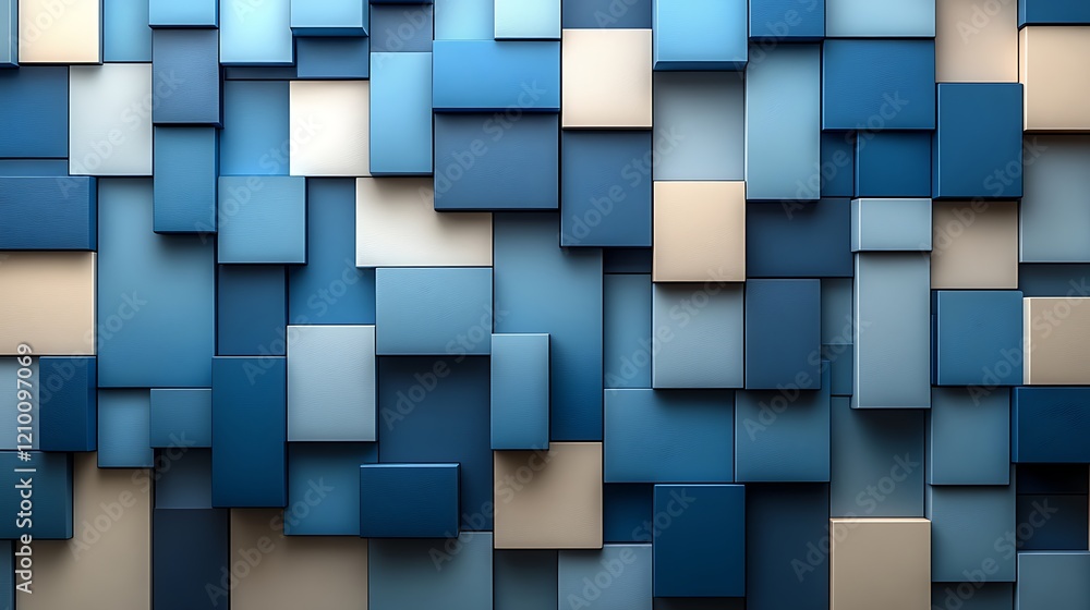 Poster abstract blue cube mosaic: a mesmerizing tapestry of blue and beige cubes creates a dynamic and visu