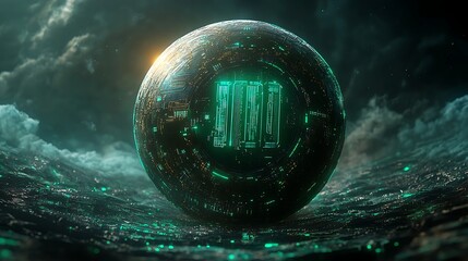 Mysterious Orb in Tempestuous Waters: A dark, metallic sphere with glowing teal runes rests on a turbulent, dark ocean, surrounded by stormy clouds.  The scene is evocative of mystery, power.