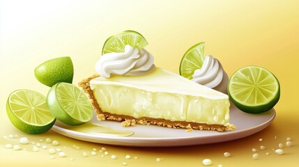 Key lime pie and lime soda on yellow background art