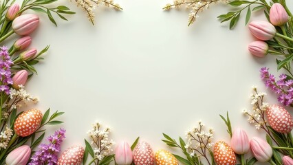 Colorful easter eggs and spring flowers border with blank center