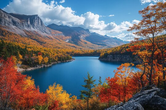 Autumn Range: A panoramic view of a mountain range blanketed in vivid autumn foliage, with a clear blue lake nestled below, captured with photorealistic detail
