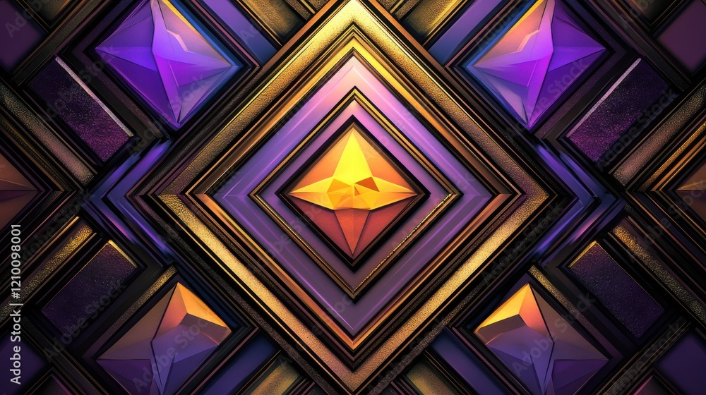 Poster vibrant geometric background featuring intersecting triangles and diamond shapes in purple and gold 