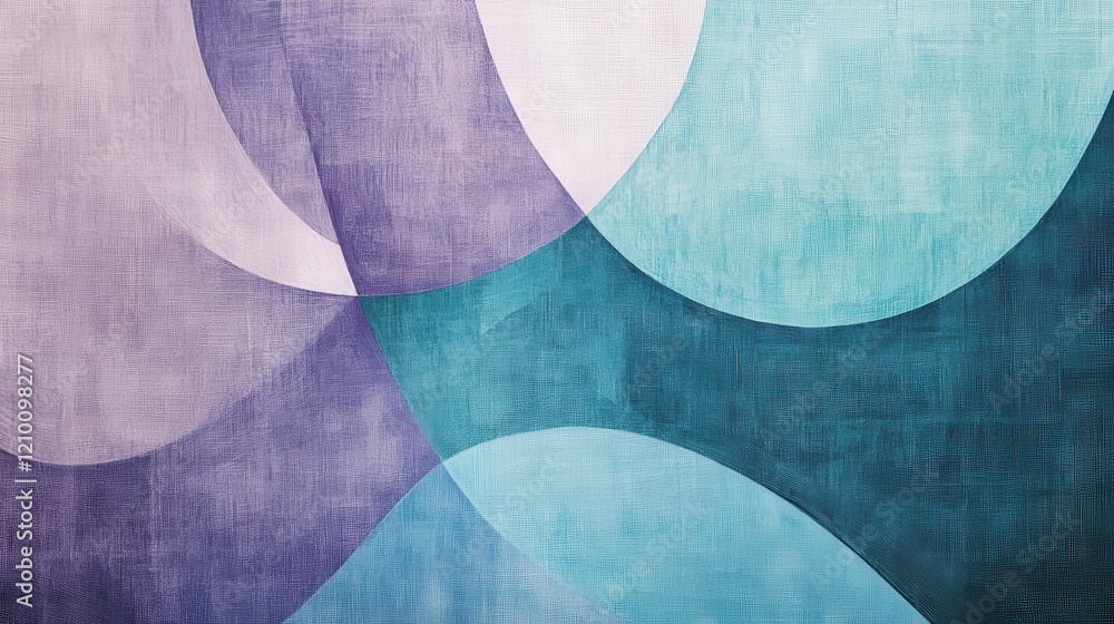 Poster modern composition of abstract curved shapes in muted teal and lavender with pencil strokes