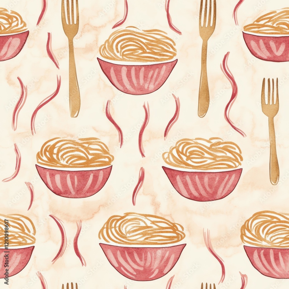 Poster whimsical watercolor pattern of playful spaghetti bowls and fork swirls in soft golden and muted red