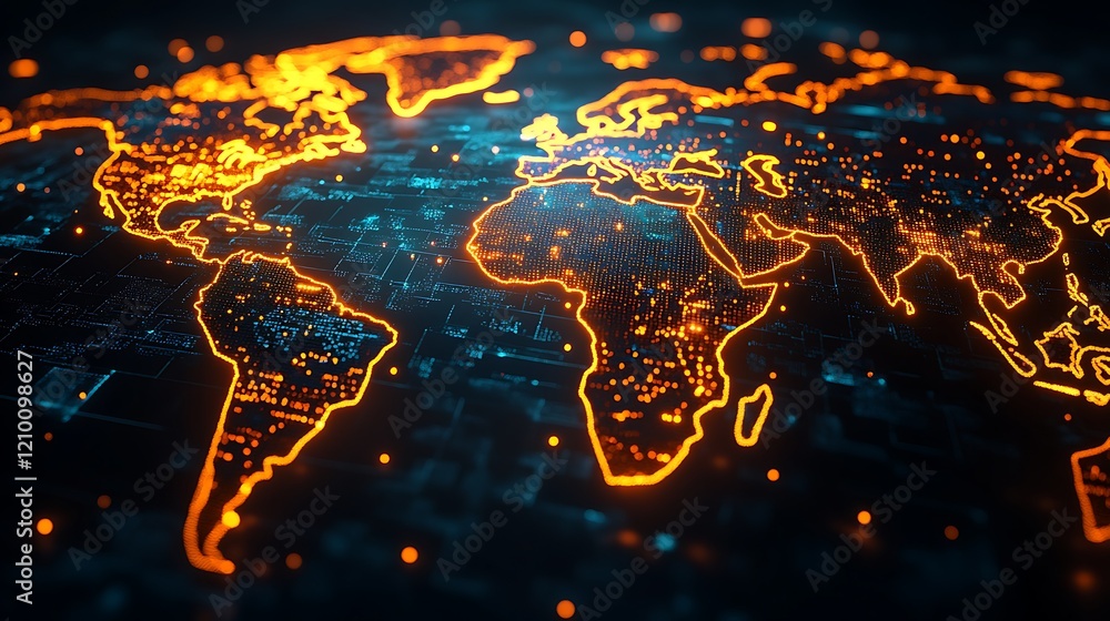 Poster global network: a futuristic digital rendering of the world map, with vibrant orange and blue lines 