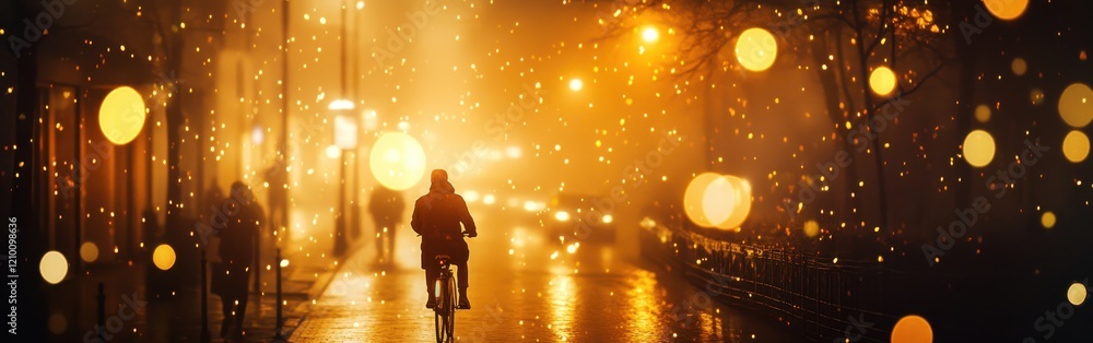 Poster bicyclist rides through warm amber streets illuminated by soft bokeh lights during a tranquil evenin