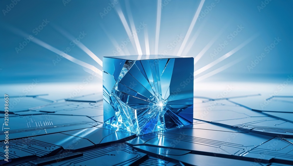 Poster a bright, blue crystal cube emits light, resting on a reflective surface with geometric patterns, cr