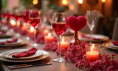 Fototapeta premium Elegant Table Setting with Wine Glasses and Pink Floral Centerpiece