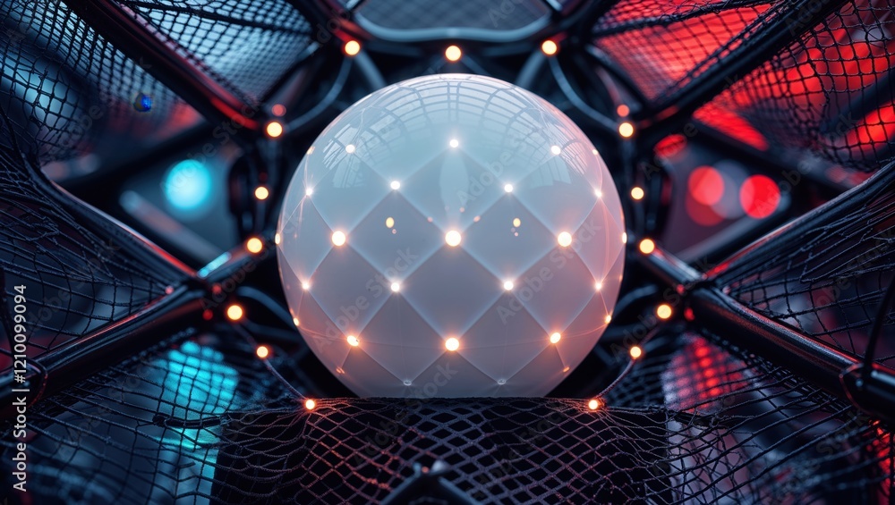 Poster a glowing orb surrounded by a network of lights and intricate design, creating a futuristic ambiance