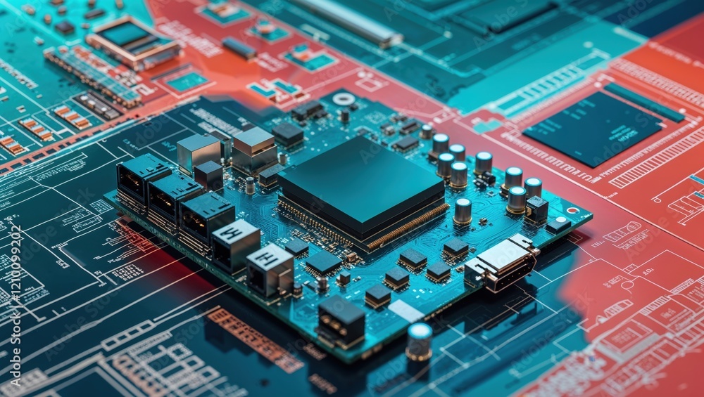 Poster a detailed electronic circuit board featuring a microcontroller surrounded by intricate pathways and