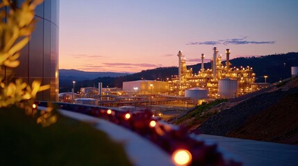 Industrial complex at dusk with glowing lights and pipelines against a twilight sky landscape