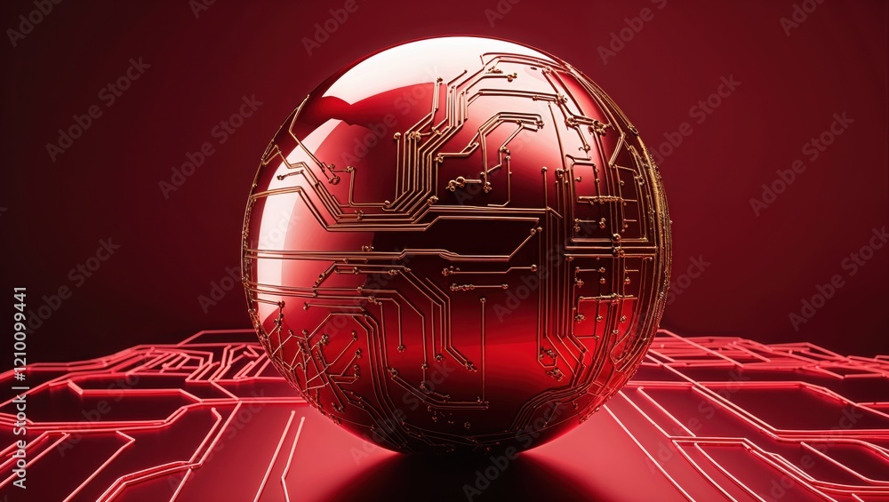 Poster a shiny, red sphere with intricate circuit patterns rests on a glowing circuit board, symbolizing te