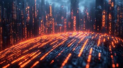 Fototapeta premium Cyberpunk Cityscape: A surreal, futuristic cityscape bathed in the eerie glow of neon lights, with a focus on the illuminated pathways and towering structures.