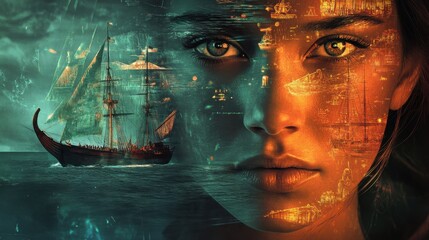 Woman's face illuminated with Viking ships and modern vessels, representing a historical journey through time