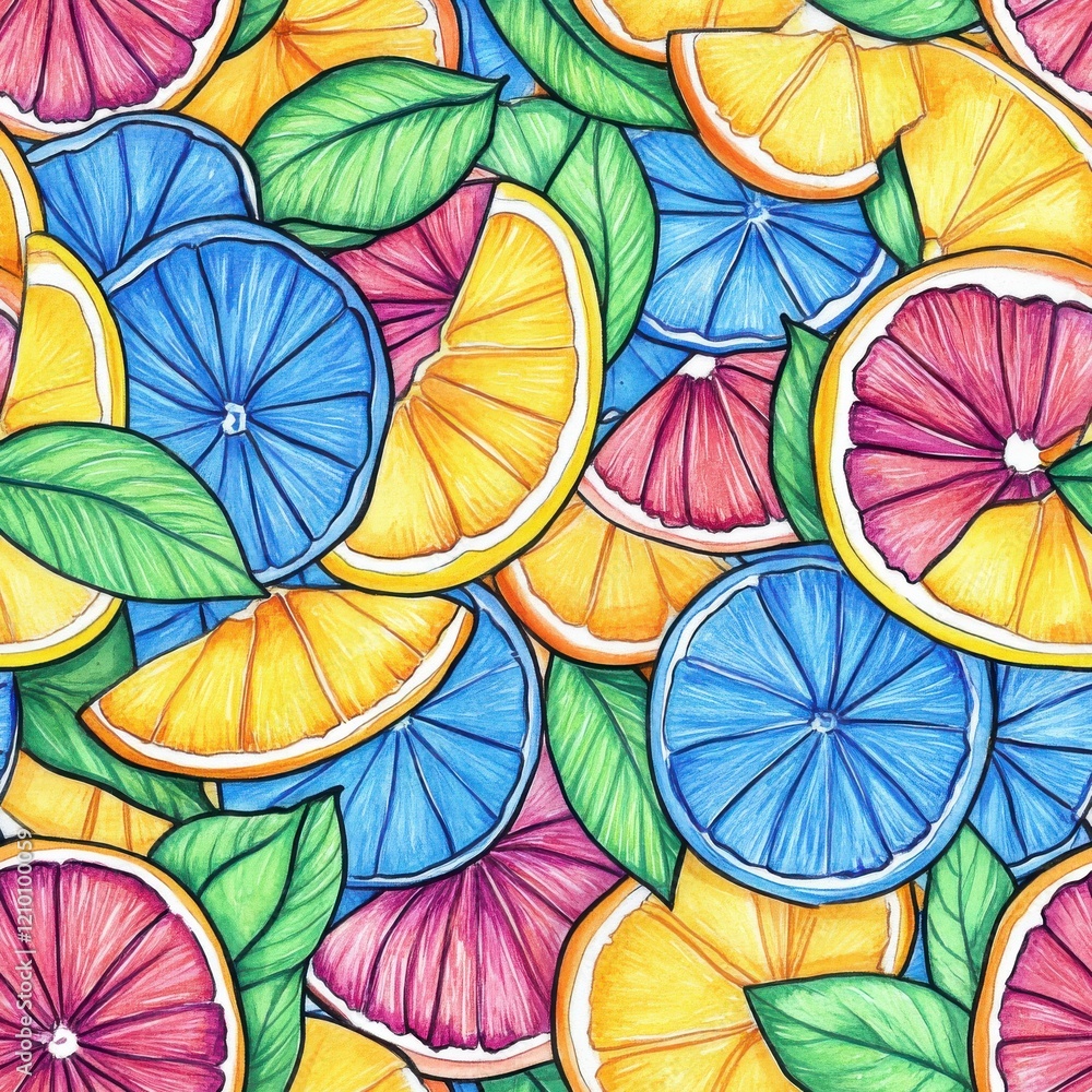 Poster vibrant watercolor pattern showcases colorful slices of oranges, lemons, and grapefruits in a refres
