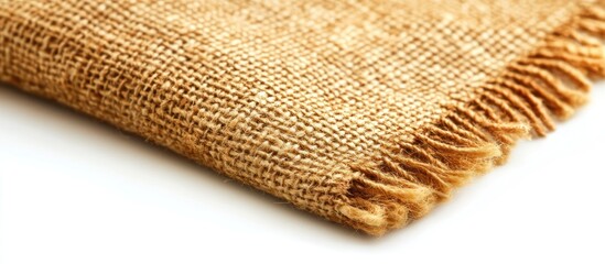 Burlap fabric corner, white background, rustic texture, design element