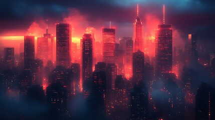 Fototapeta premium Cityscape in Crimson: A futuristic cityscape bathed in an eerie crimson glow, shrouded in smoke and fog, evokes a sense of mystery and danger.