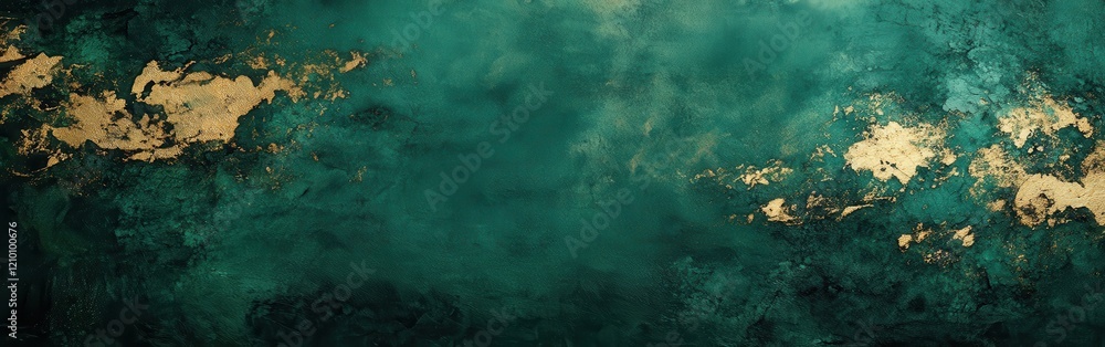 Poster textured abstract background in deep emerald green with gold accents evokes opulence and nature