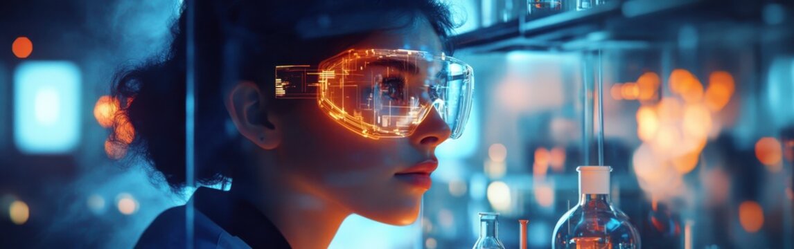 Surreal scientist profile illuminated by radiant flasks and futuristic lab equipment amidst a vibrant atmosphere of discovery