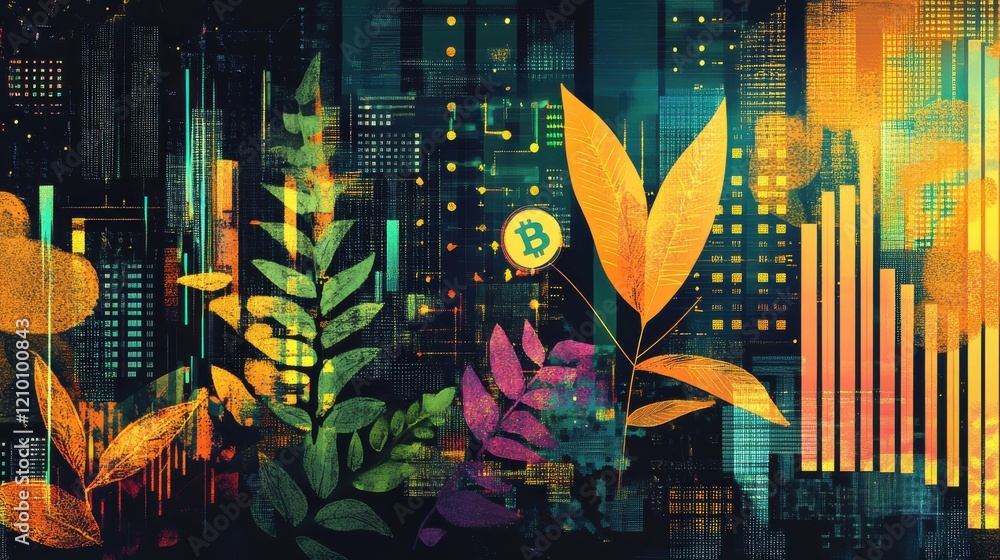 Leinwandbilder Symbolic visualization of digital currencies intertwined with vibrant blockchain networks and rising financial graphs